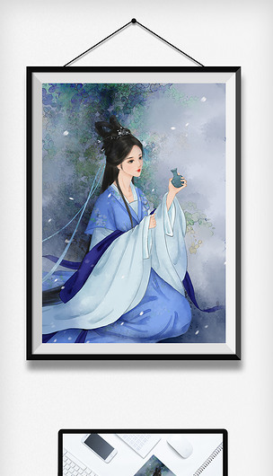 古风水彩中国潮古代女子喝酒蓝色古装