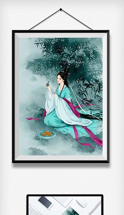 中国风古风竹林汉服古代女子饮酒中秋节月饼