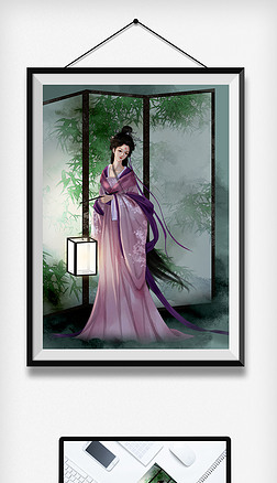 古风水彩中国风传统古装美女屏风灯笼插画