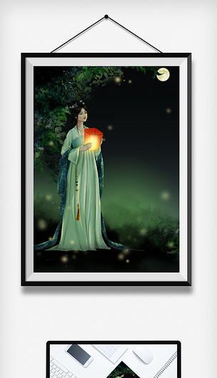 中国传统节日中秋元宵古风女孔明灯望月思乡