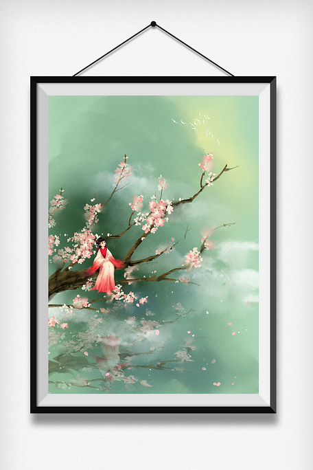 传统节气中国风古风水彩水墨画桃花少女古代图片素材(psd分层格式)