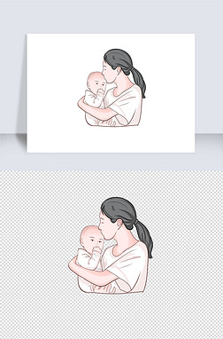 拥抱人物免抠元素|手绘感恩节年轻妈妈拥抱孩子人物元素