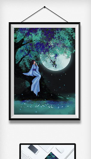 唯美中国风古代夜晚月亮樱花桃花美女望月