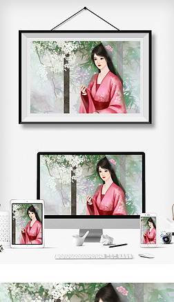 粉红衣服古装美女中国古代女子唯美插画