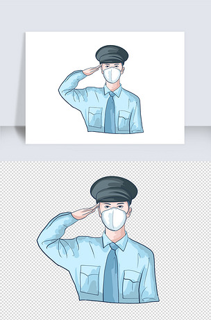 手绘警察疫情戴口罩敬礼值班打工人人物元素