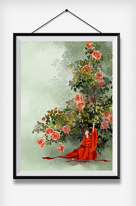 红色古风唯美月季玫瑰花古代女子中国.