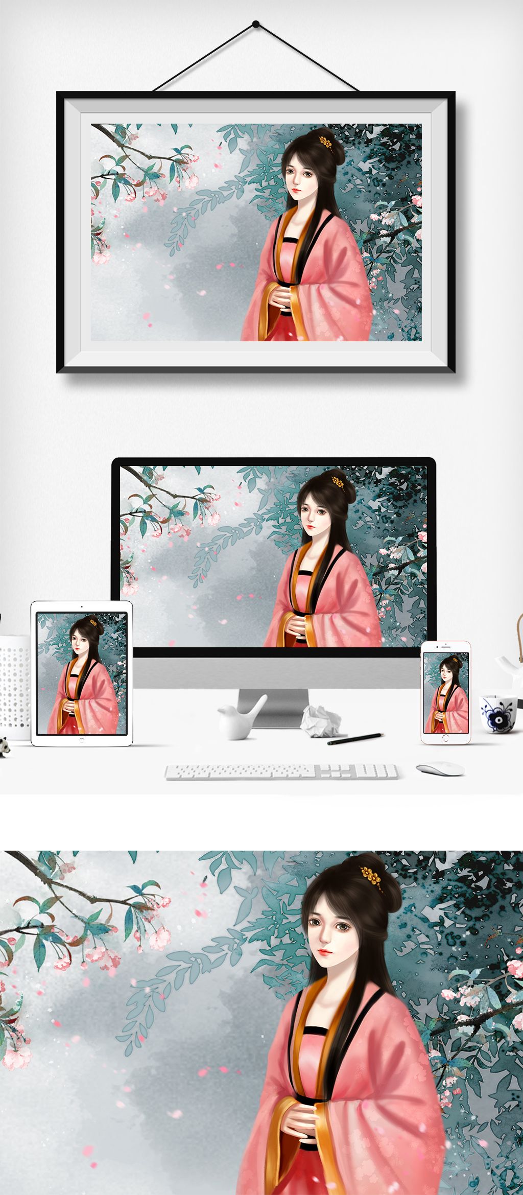 粉色海棠花美女赏花解语花汉服古风中国画