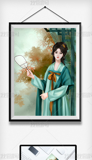 绿衣女子扇子古装中国古代美女唯美古风插画