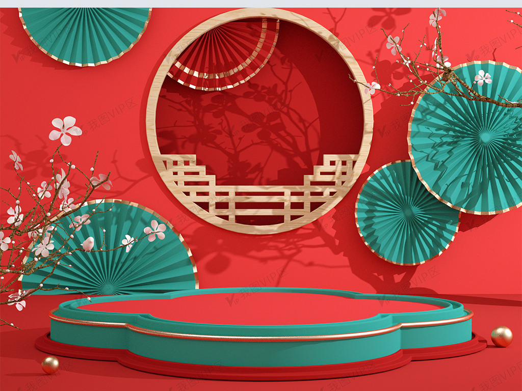 c4d红绿色中国风背景折扇梅花素材美妆