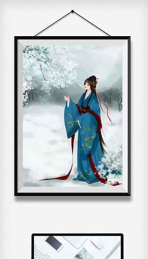 古风水墨古代美女冰天雪地赏花白梅插