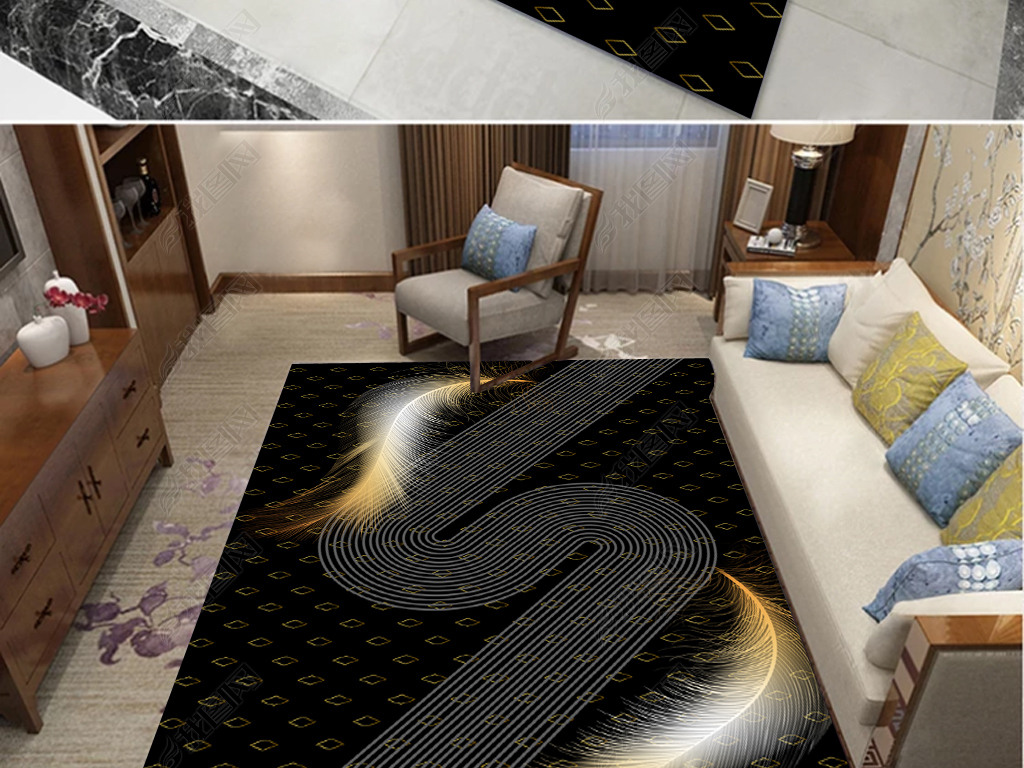 轻奢大气抽象黑金羽毛地毯图案设计