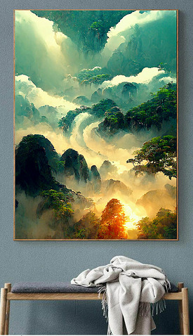 新中式写实山水风景客厅玄关装饰画
