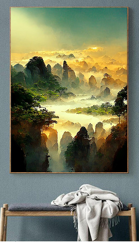 新中式写实山水风景客厅玄关装饰画