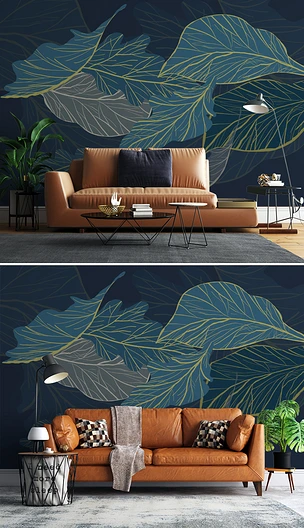 现代简约水彩线描热带叶子简约电视背景墙