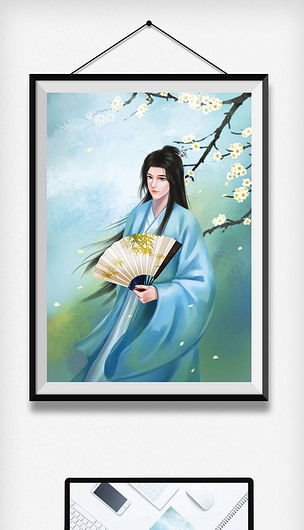 蓝色中国风古风美男折扇公子春天唯美