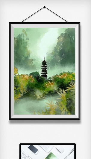 绿色古风水墨画中国古代建筑水彩风景