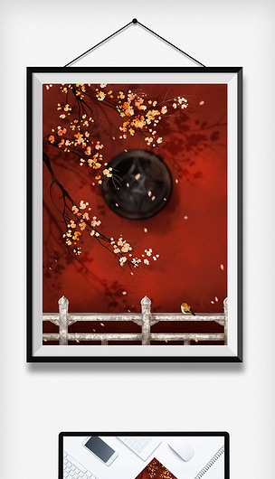 中国古风水彩红色故宫杏花梅花麻雀花鸟插画