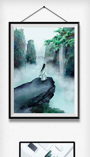 中国风古风水墨画山川飞鸟松树白衣水.