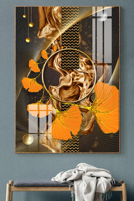 鎏金大理石线条枫叶肌理线条装饰画