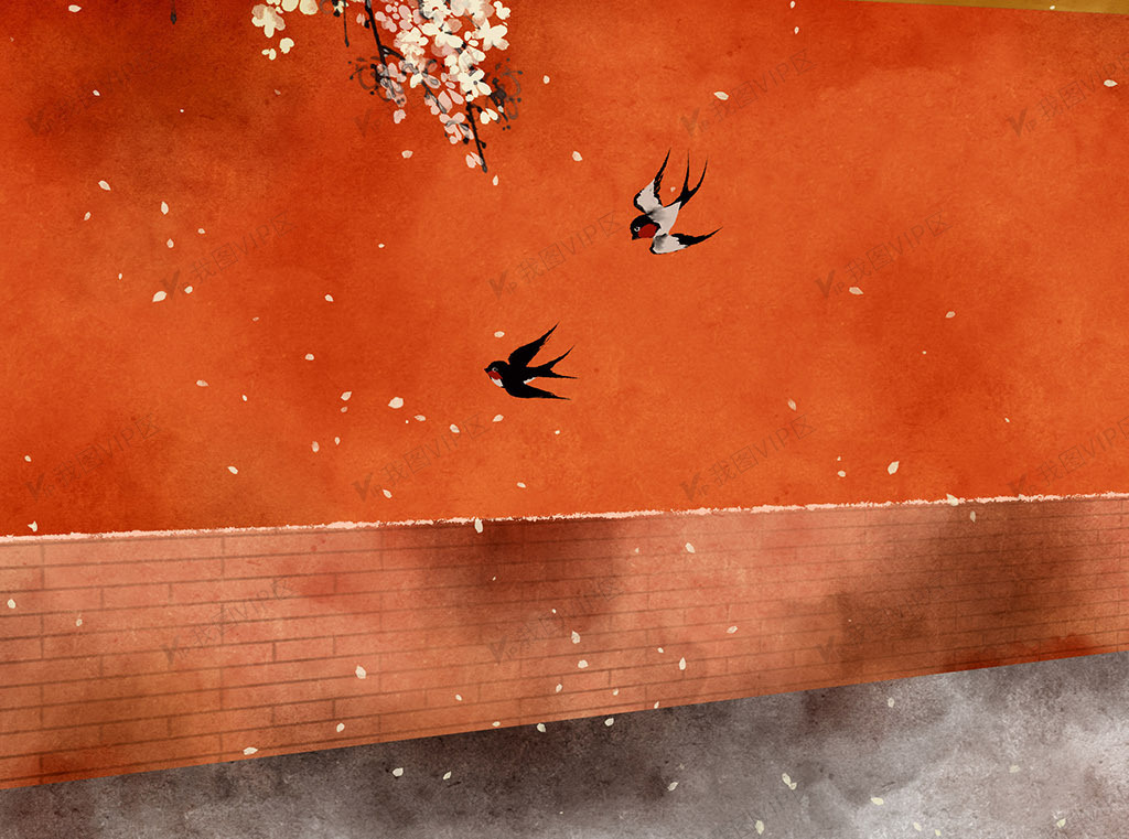 中国古风水彩红色宫墙桃花樱花水墨插