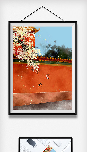 原创中国古风水彩红色宫墙桃花樱花水墨插画版权可商用