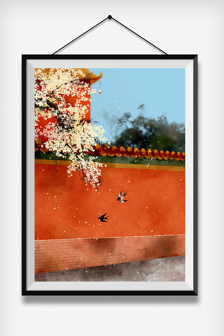 中国古风水彩红色宫墙桃花樱花水墨插