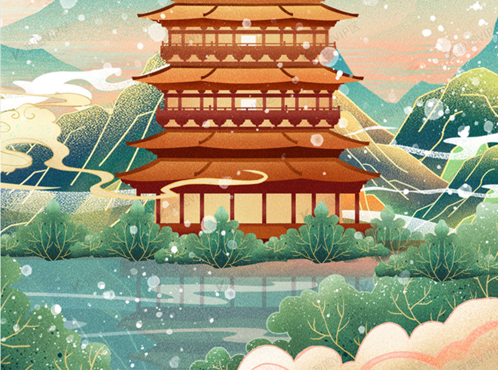国潮建筑佛塔建筑中国风插画