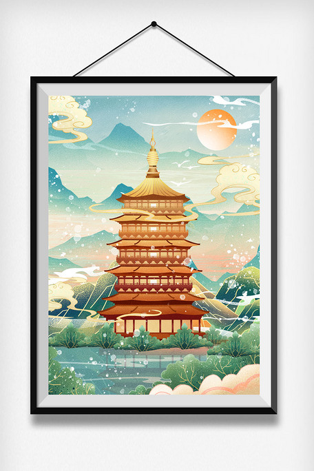 国潮建筑佛塔建筑中国风插画