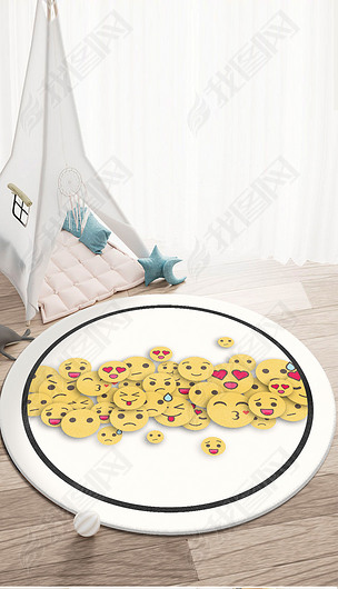 奶油风手绘表情圆形地毯日式卧室简约床边毯