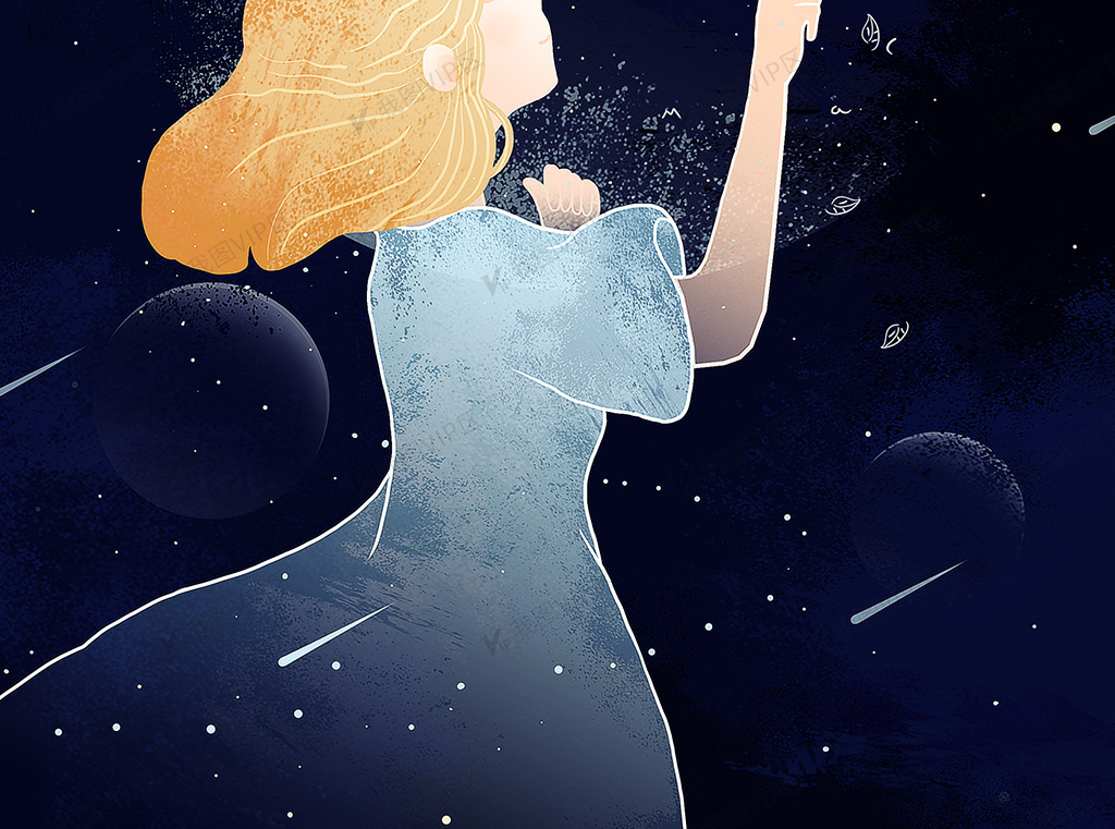 2021年蓝色星空卡通唯美小女孩插画