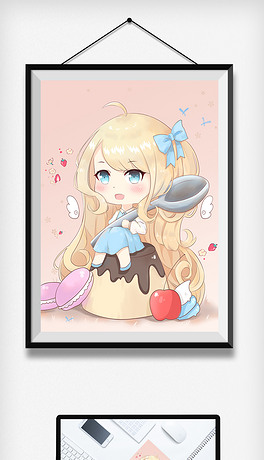 日系卡通q版少女布丁甜品插画