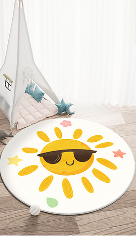 奶油风手绘太阳圆形地毯日式卧室简约床边毯