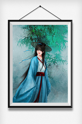 绿色中国风古代女侠斗笠古风插画