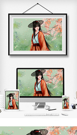 中国风古代武侠斗笠女侠汉服古装古风插画