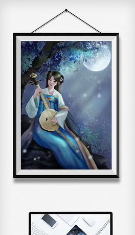 中国古代女子月夜弹琴插画