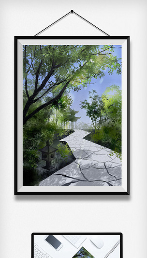 中国风水彩水墨画江南古典建筑风景