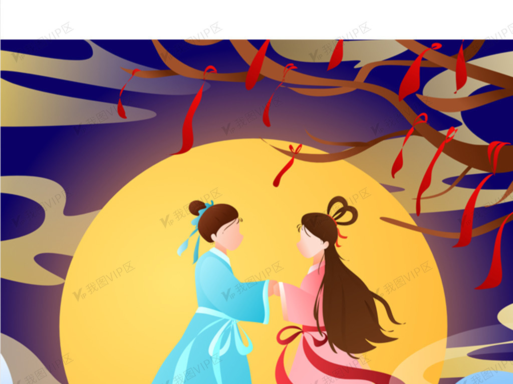 浪漫七夕节牛郎织女鹊桥相会矢量插画