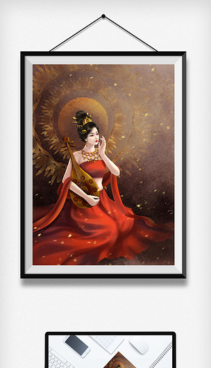 红色敦煌舞女弹琵琶飞天插画