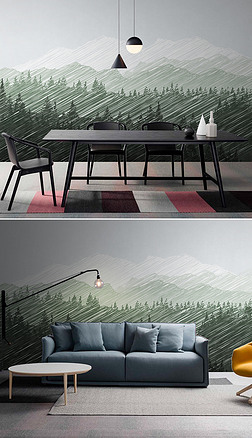 北欧抽象线条森林远山风景电视沙发背景墙