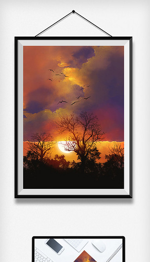 红色森林剪影夕阳晚霞美景插画