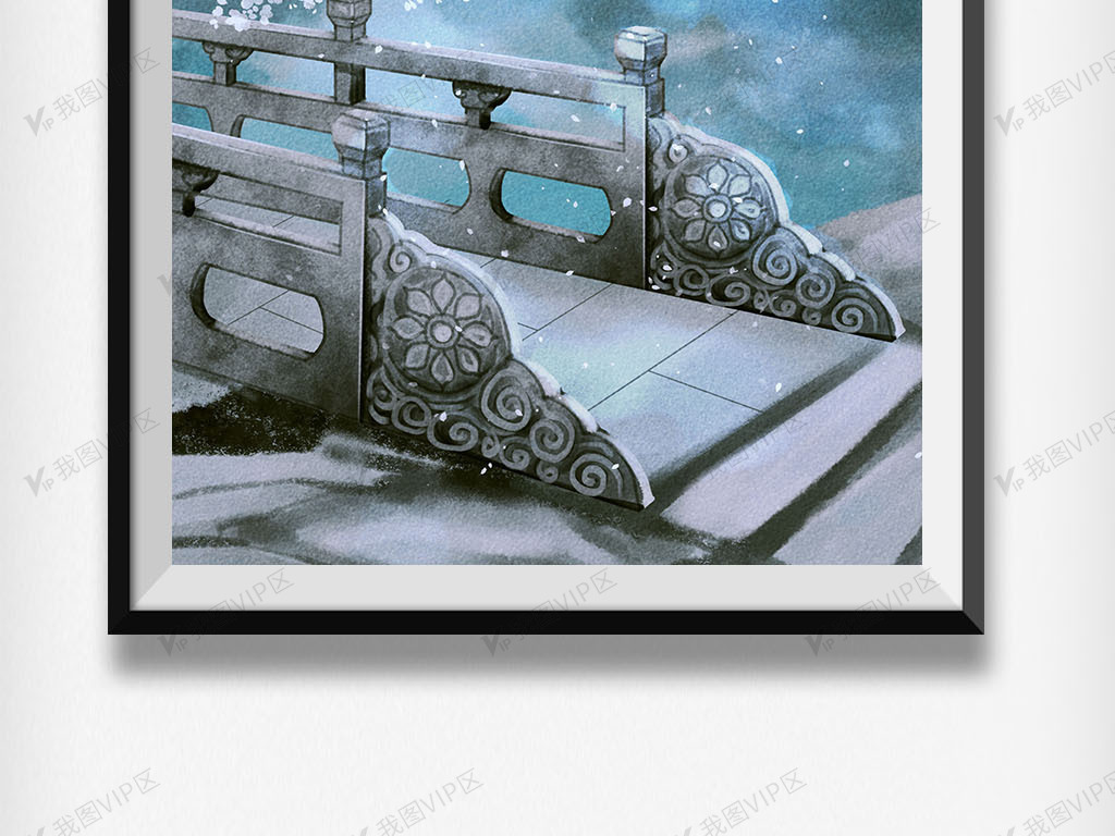 中国风古风场景石桥花雨落插画