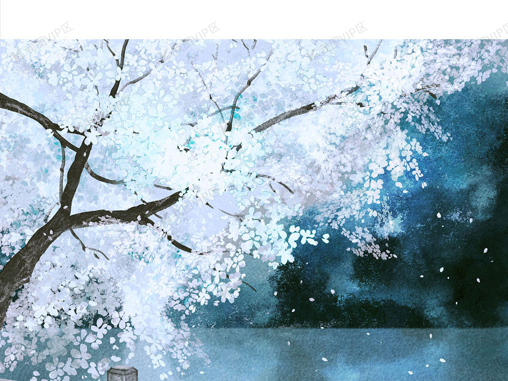 中国风古风场景石桥花雨落插画