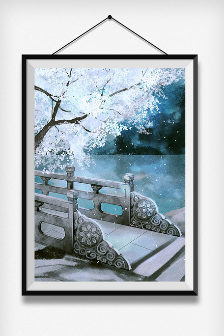 中国风古风场景石桥花雨落插画