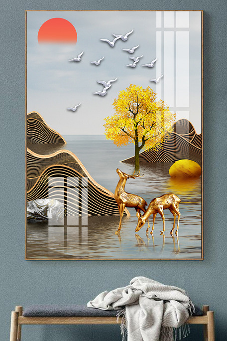 金色山水金山一鹿高升奢华客厅装饰画