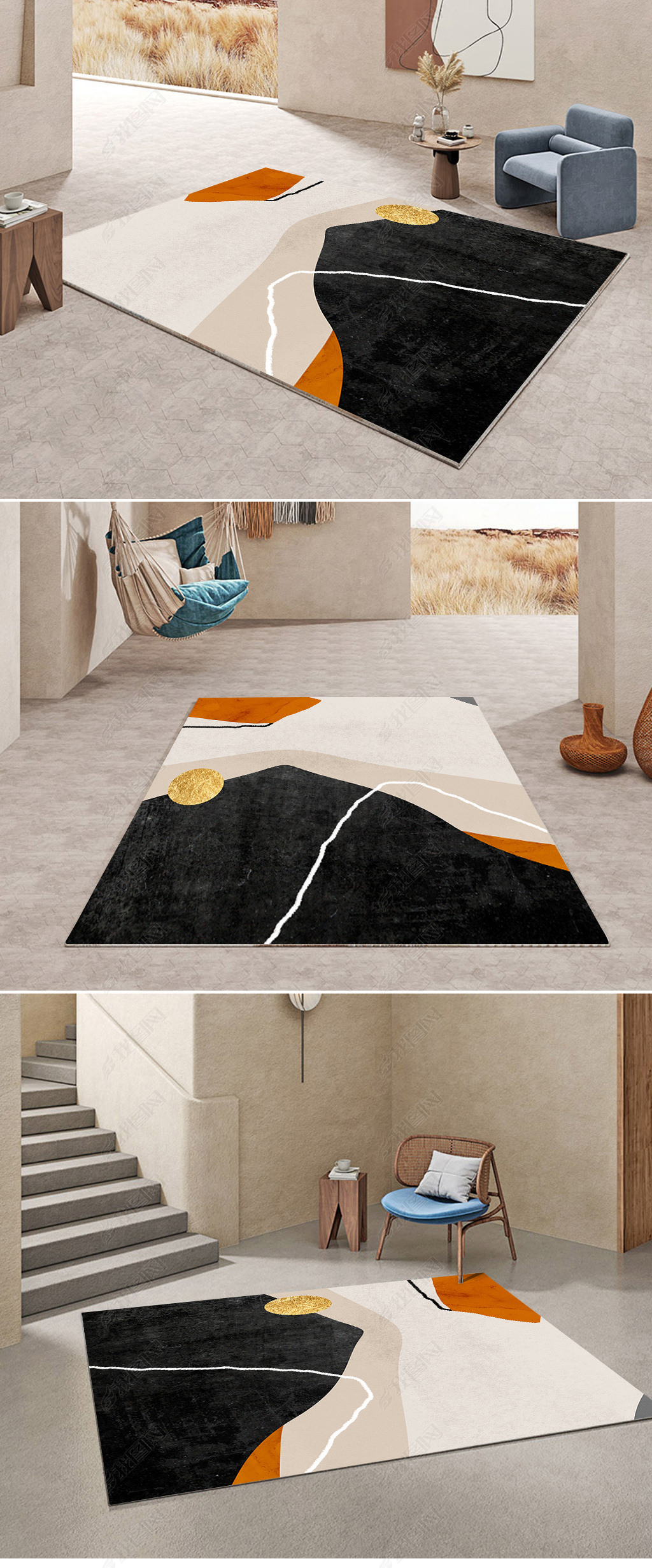 原创现代抽象几何线条色块地毯