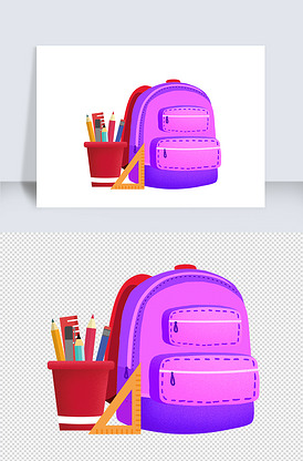 紫色书包开学季素材笔筒插画素材