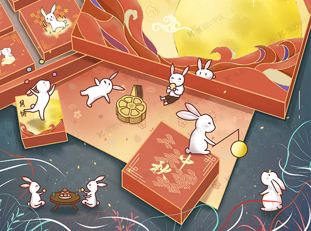 卡通兔子中秋月饼礼盒插画