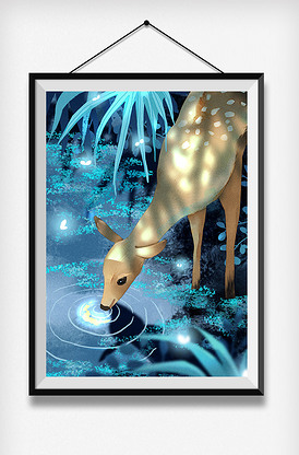 蓝色森林小鹿饮水卡通梦幻插画
