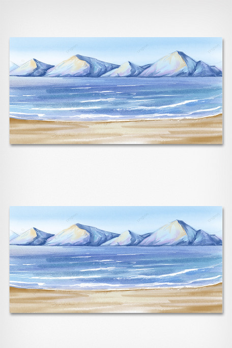 水彩晕染海水海滩群山