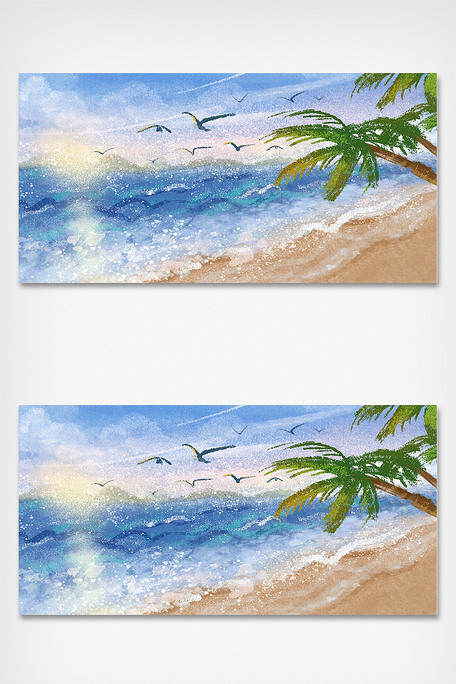 夏季沙滩海滩水彩墨迹背景